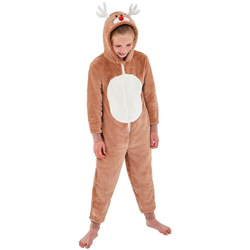 Childs Reindeer Hooded Onesie Pyjamas
