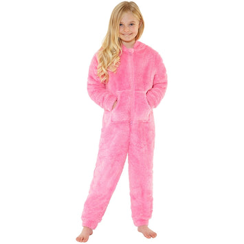 Girls Pink Fluffy Shaggy Fleece Onesie