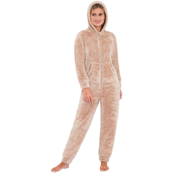 Women's Beige Fluffy Shaggy Fleece Onesie