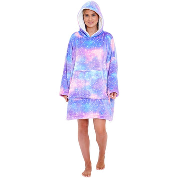 Womens Purple Galaxy Fleece Wearable Hoodie Blanket