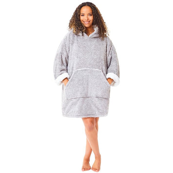 Adult Grey Fluffy Fleece Wearable Hoodie Blanket