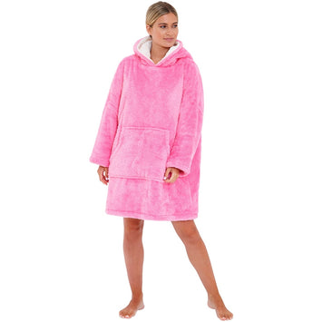 Adults Bright Pink Fluffy Fleece Wearable Hoodie Blanket