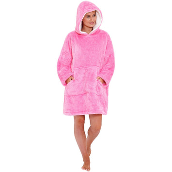 Adults Bright Pink Fluffy Fleece Wearable Hoodie Blanket