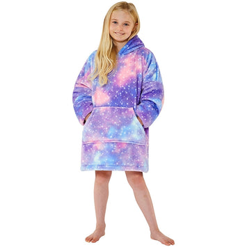 Girls Purple & Blue Galaxy Fleece Wearable Hoodie Blanket