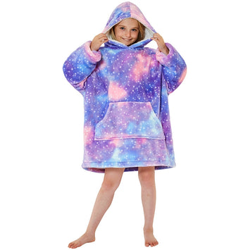 Girls Purple & Blue Galaxy Fleece Wearable Hoodie Blanket