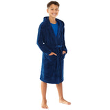 Navy Blue Kids Plain Hooded Fleece Dressing Gown