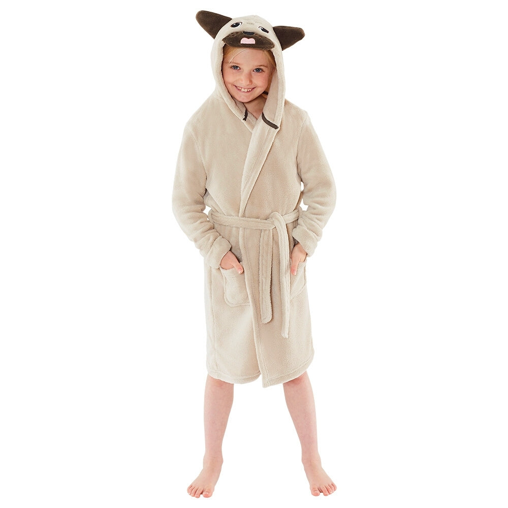 Pug Beige Brown Fleece Dressing Gown Kids Characters Pug Beige Brown Fleece Dressing Gown Kids Characters