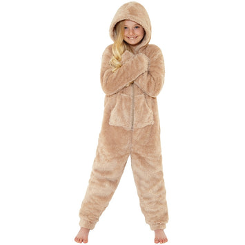 Girls Beige Fluffy Shaggy Fleece Onesie
