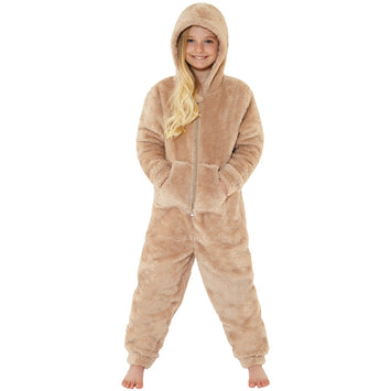 Girls Beige Fluffy Shaggy Fleece Onesie