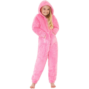 Girls Pink Fluffy Shaggy Fleece Onesie