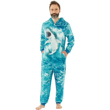 Mens Digital Shark Fleece Onesie