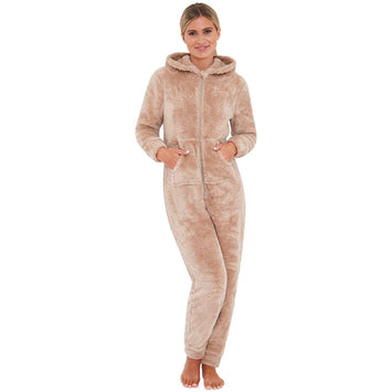 Women's Beige Fluffy Shaggy Fleece Onesie