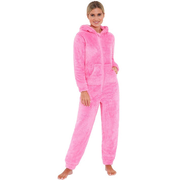 Women's Pink Fluffy Shaggy Fleece Onesie