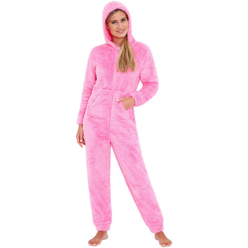 Women's Pink Fluffy Shaggy Fleece Onesie