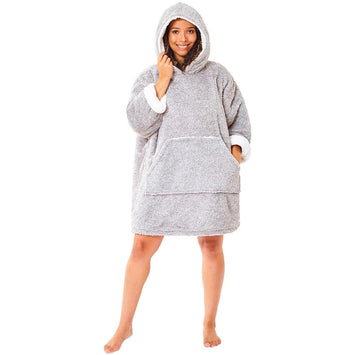 Adult Grey Fluffy Fleece Wearable Hoodie Blanket