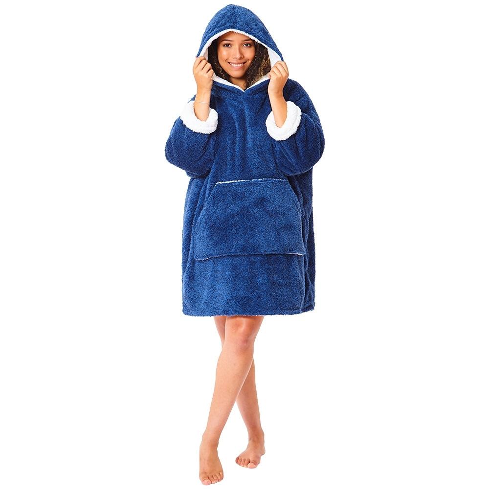 Adult Blue Navy Fluffy Fleece Wearable Hoodie Blanket