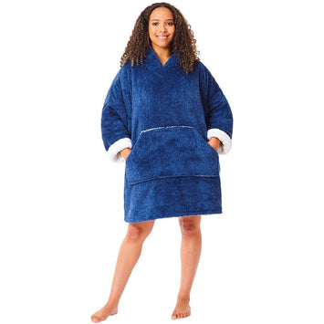 Adult Blue Navy Fluffy Fleece Wearable Hoodie Blanket