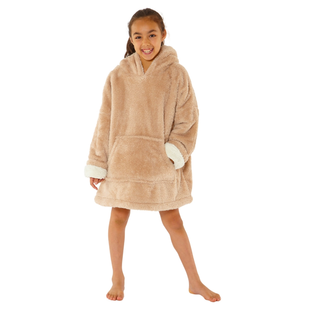 Beige wearable fleece hoodie blanket