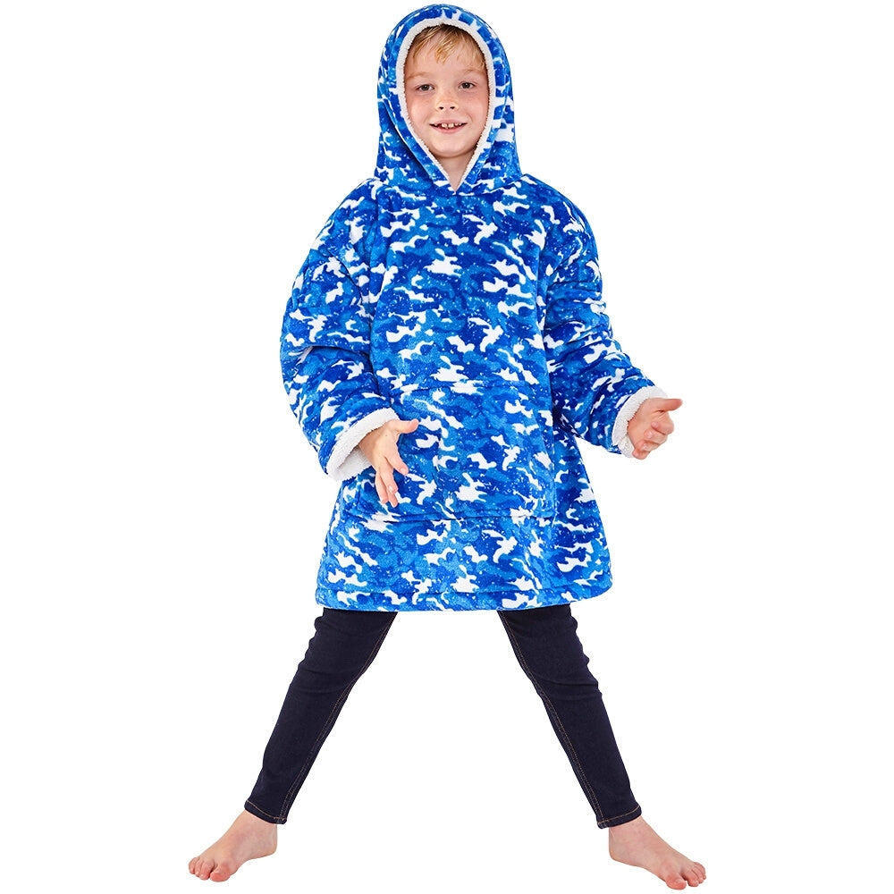 Child's Blue Camouflage Fleece Wearable Hoodie Blanket