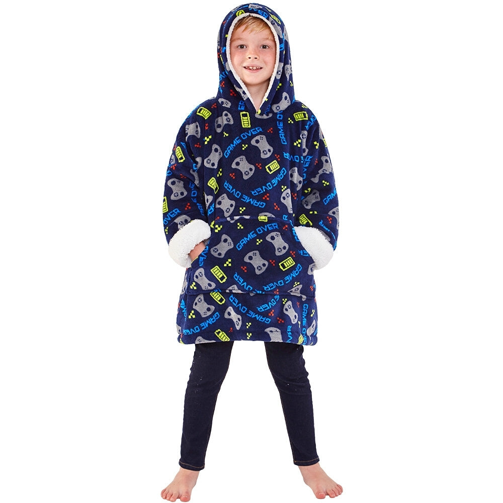 Child's Blue Pattern Gaming Fleece Wearable Hoodie Blanket