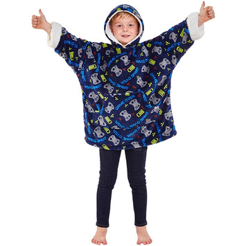 Child's Blue Pattern Gaming Fleece Wearable Hoodie Blanket